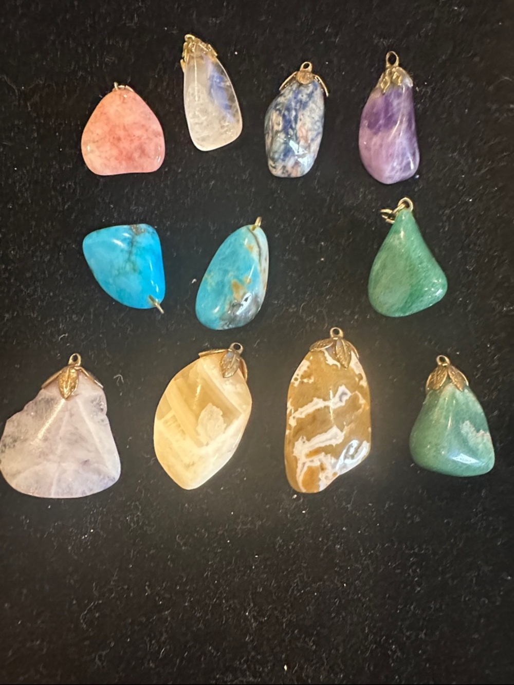 Vintage 1970s Estate Mixed Gemstone Pendant Lot – 11 Pieces – Gold-Tone Caps